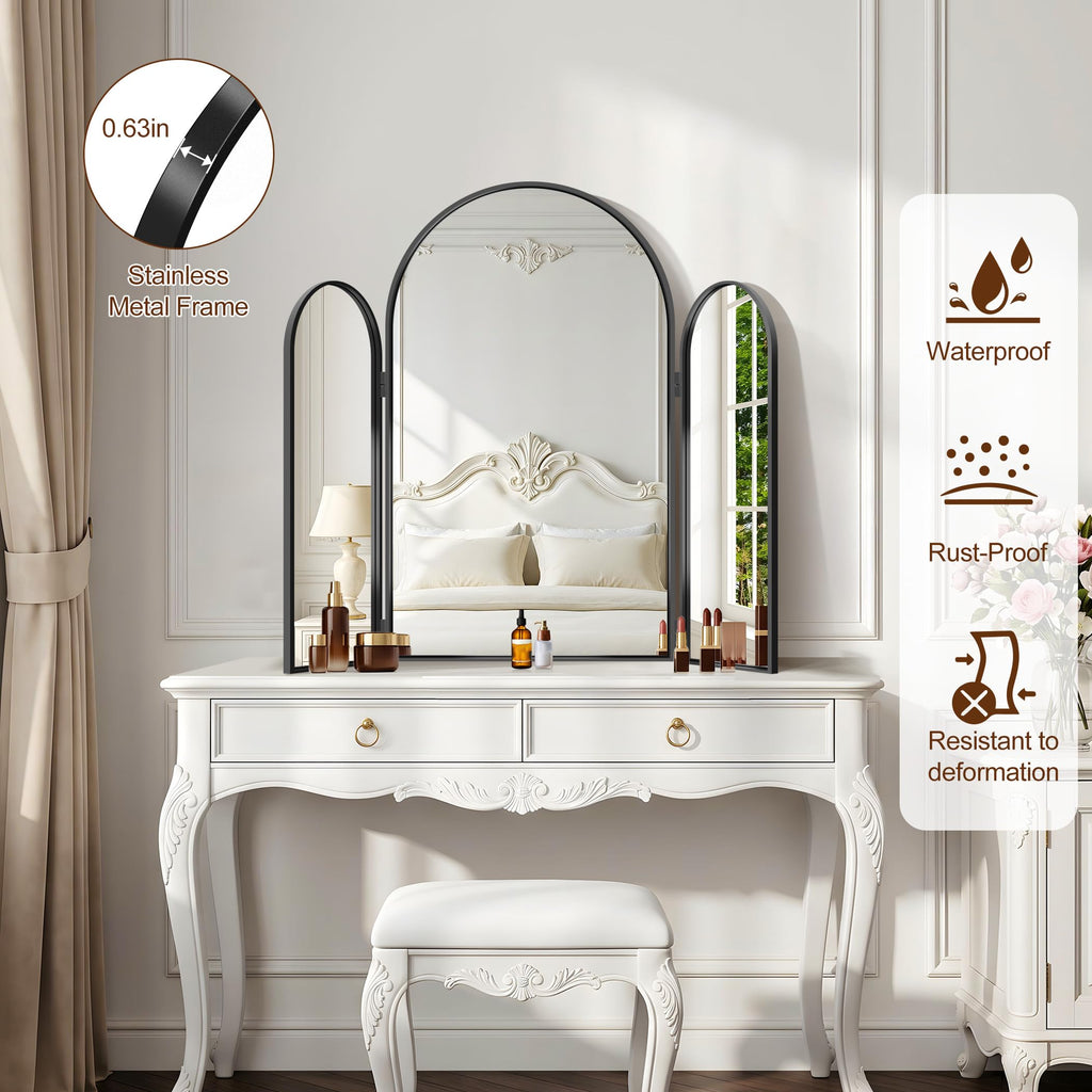 Trifold Vanity Mirror, 30x36Inch 3 Way Mirror Metal Frame, Black Tri Fold Arched Mirror Wall Mounted for Make up
