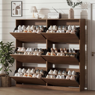 Shoe Storage Cabinet with 6 Flip Drawers, Sturdy Wood Hidden Shoe Storage, Freestanding Narrow Slim Shoe Organizer