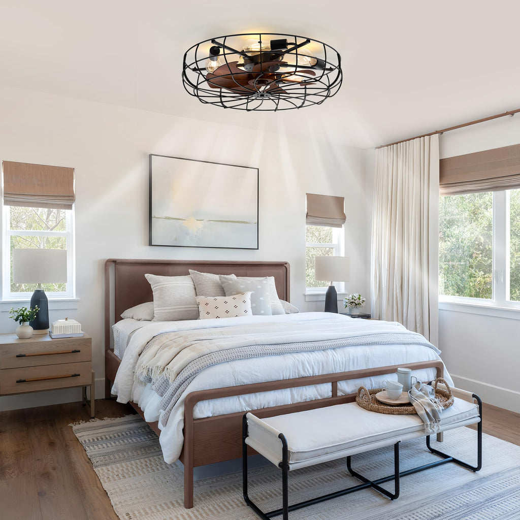26" Caged Farmhouse Ceiling Fans with Lights and Remote/App, Black