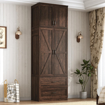 94" Tall Farmhouse Armoire Wardrobe Closet, 4 Doors & 2 Drawers, Brown