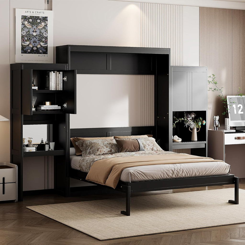 Murphy Bed Queen,Wood Storage Hide Cabinet Wall Beds with Desk and Vanity,Space-Saving Bedroom Furniture w/Cabinets &