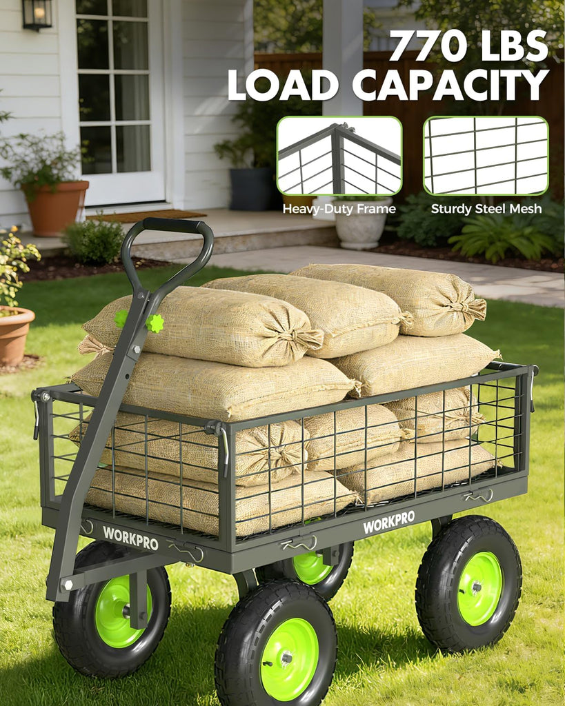 Large Heavy Duty Garden Cart 770 lb, 2-in-1 Convertible Utility Wagon with Removable Sides, 180° Tow Handle for ATV