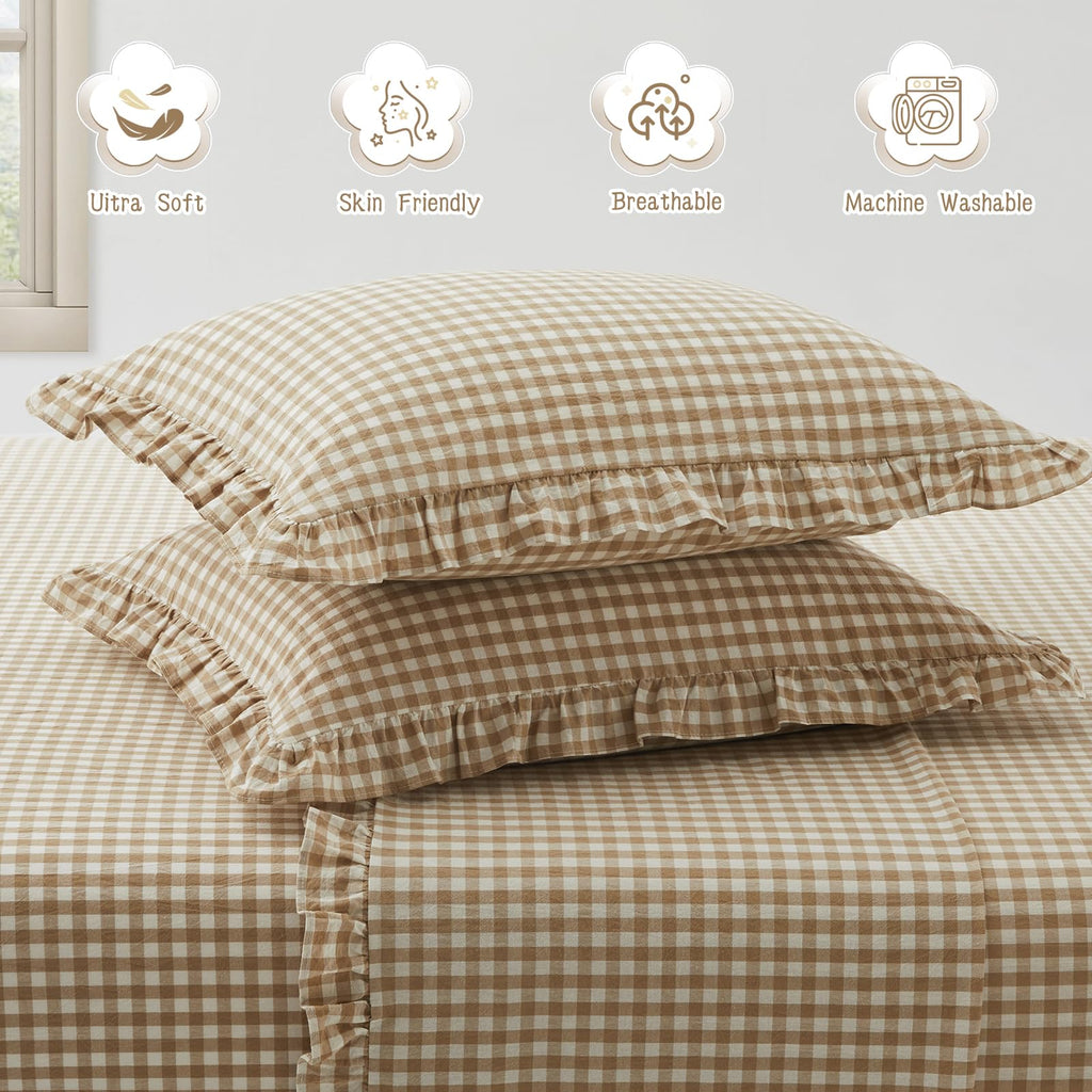 2 Pcs Plaid Ruffle Pillow Case Standard, Taupe Plaid Pillow Shams