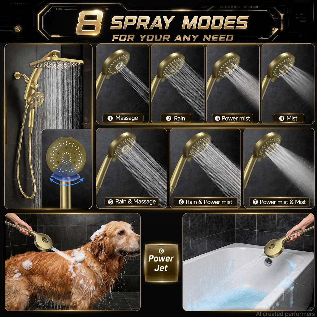 12" Brushed Gold Shower Head with Handheld, High Pressure Power Wash