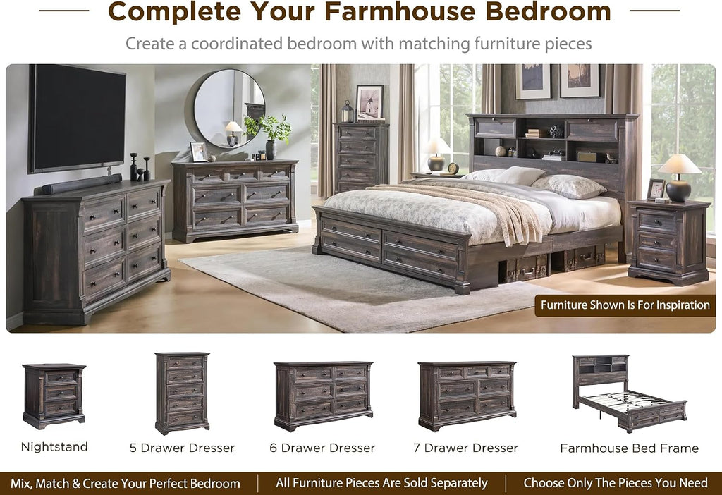 Farmhouse King Bed Frame with 54" Tall Headboard, Headboard with 4 Storage Rack, 2 Drawers, 18" Roman Column