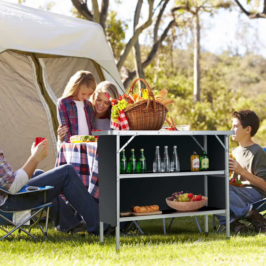 Portable Bar Table for Events, Folding Mobile Bartending Station with Storage Shelves, Removable Privacy Skirt