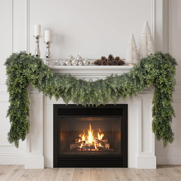 9FT Artificial Cedar Garlands, Real Touch Soft Cedar Pine Garland, Winter Artificial Greenery Garland for Fireplace