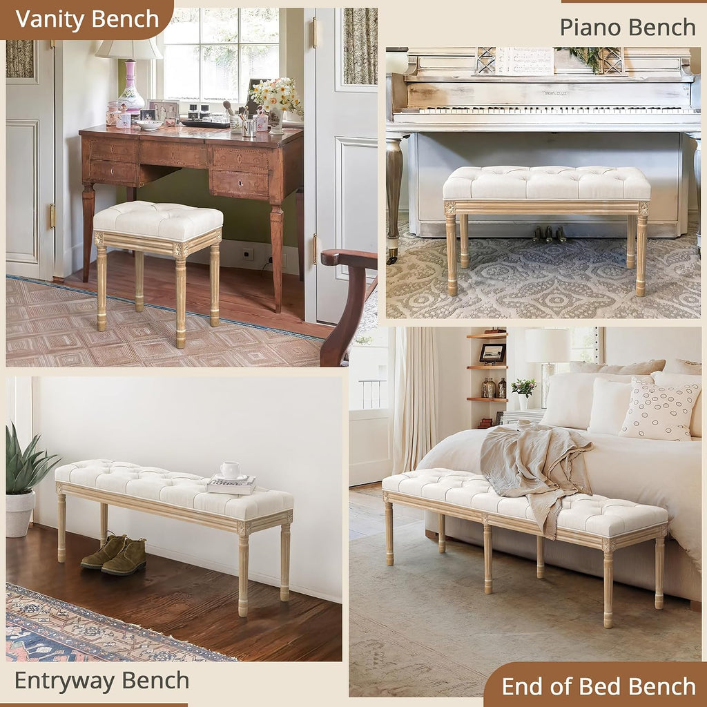 60" Fabric End of Bed Bench, Upholstered Tufted French Bedroom Bench with Carved Legs End of King Size Bed, Living