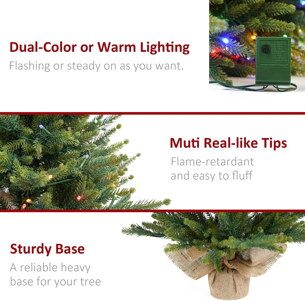 Prelighted Mini Christmas Tree 2 Ft with 70 LED Warm & Multi-Color Light, Artificial Small Xmas Tree 24 inch Tabletop