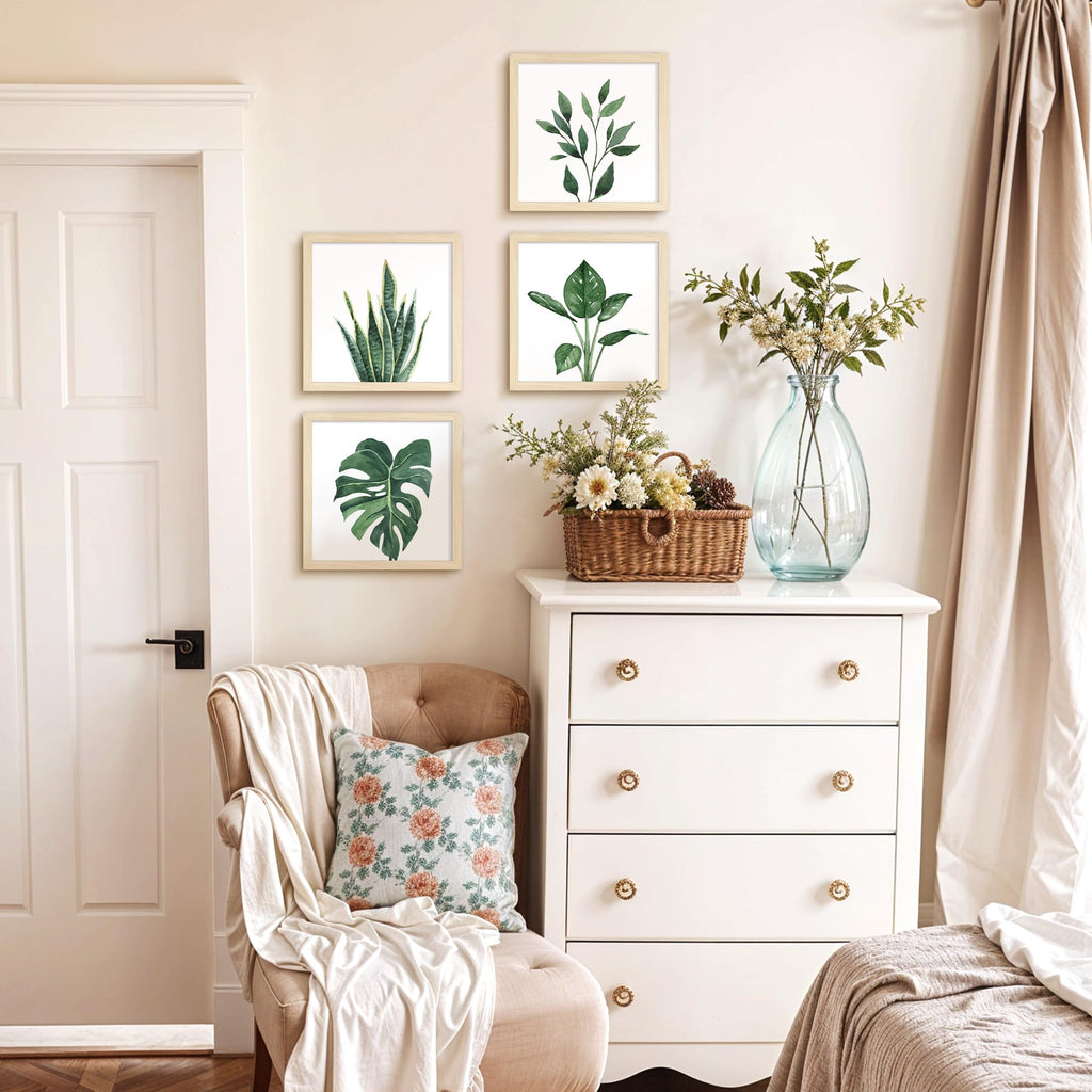 Framed Bathroom Wall Art Decor, 10"x10" Botanical Artwork Beige