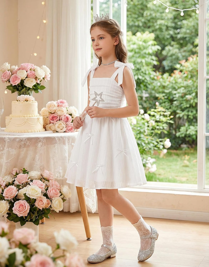 Girls Dresses Ruched Smocked Back Spaghetti Strap Bow Sundress