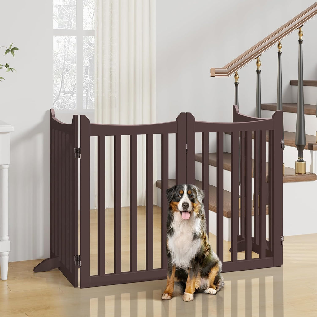 Freestanding Wooden Dog Gate, 36in H 4-Panel Pet Barrier