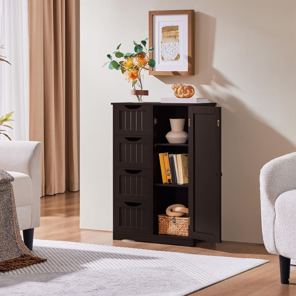 Small Bathroom Storage Cabinet with 4 Drawers & Door, Espresso | Floor Cabinet Organizer , 3-Position Adjustable