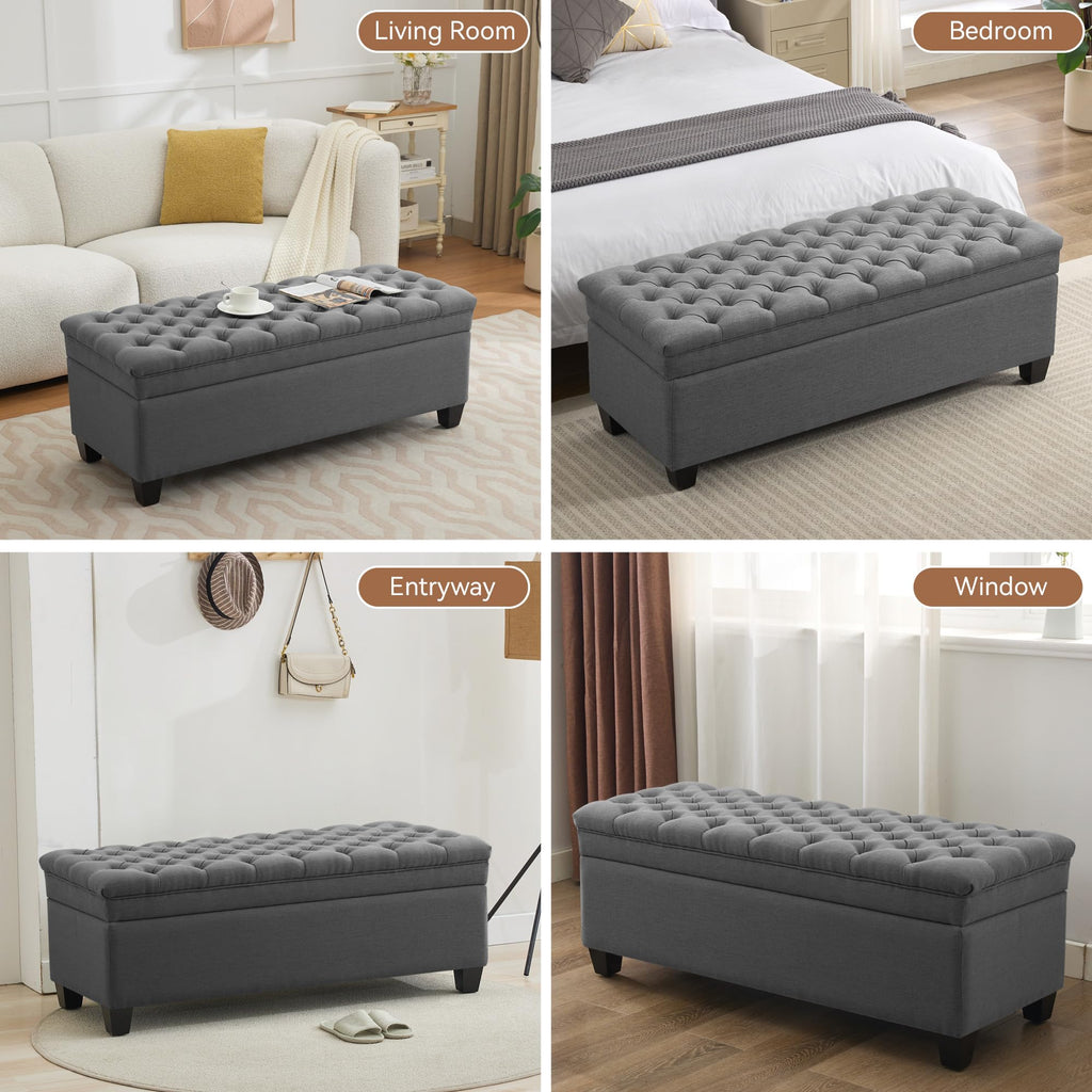 50" Fabric Storage Ottoman Bench, Upholstered Rectangle End of Bed Storage Ottoman Tufted Living Room Bedroom Bench