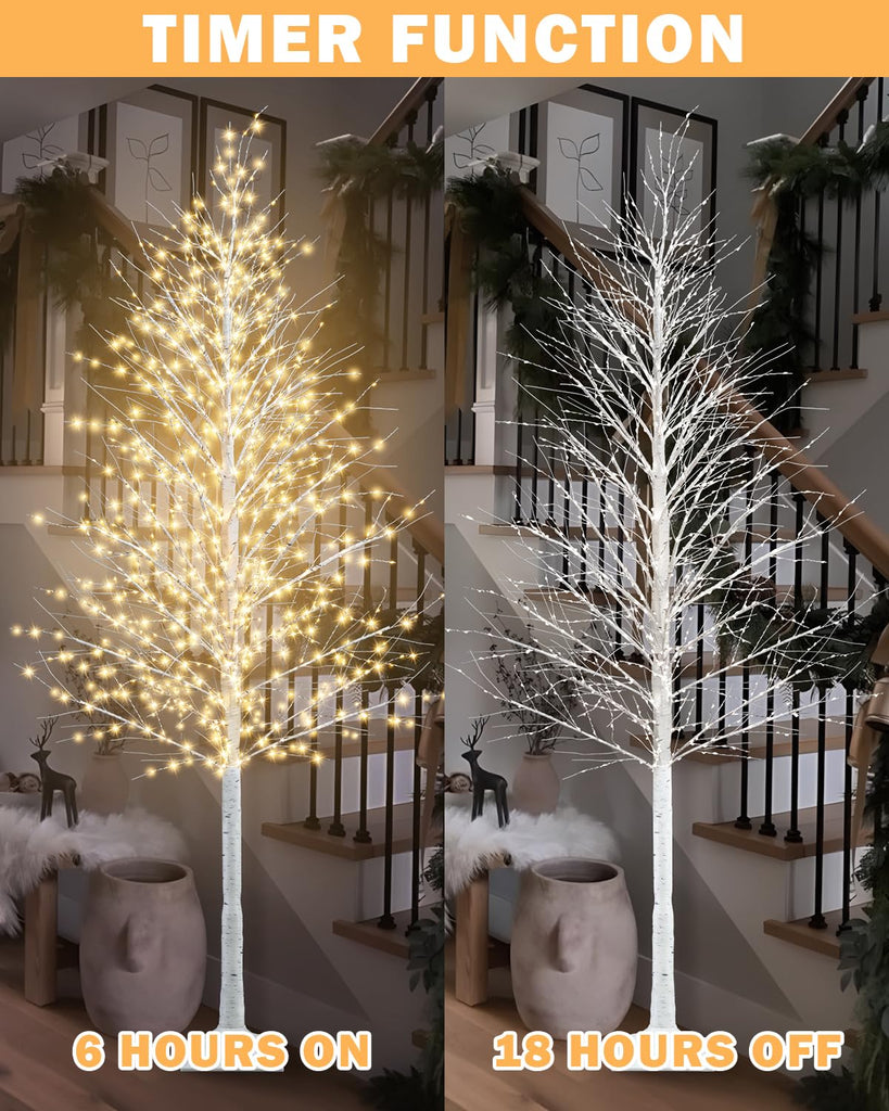 8FT Lighted Birch Tree 1440 LEDs Warm White Lights, 8 Modes Light Up White Artificial Christmas Twig Tree with Timer