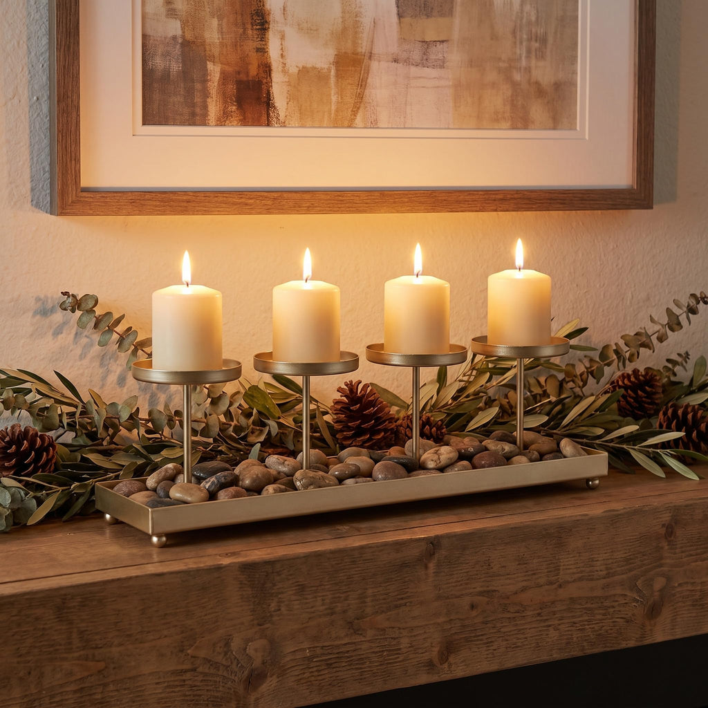 Gold Iron 4-Pillar Candelabra - Elegant Tabletop Candle Holder Centerpiece for Weddings, Dining, Parties & Home Decor