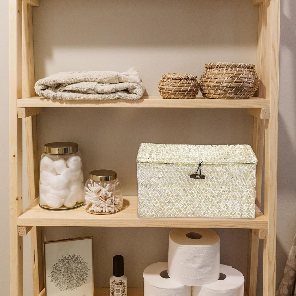 Seagrass Storage Basket Bins with Lid Handwoven Wicker Shelf Baskets | Rectangular Basket Household Organizer Boxes