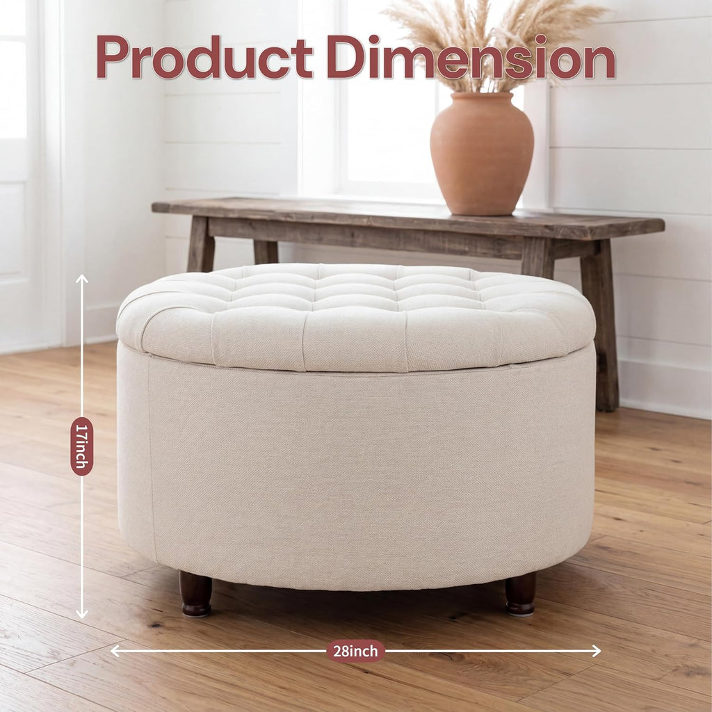 28" Round Storage Ottoman, Tufted Coffee Table ,Beige | Chenille Upholstered Footrest with Removable-Top & Wood Leg