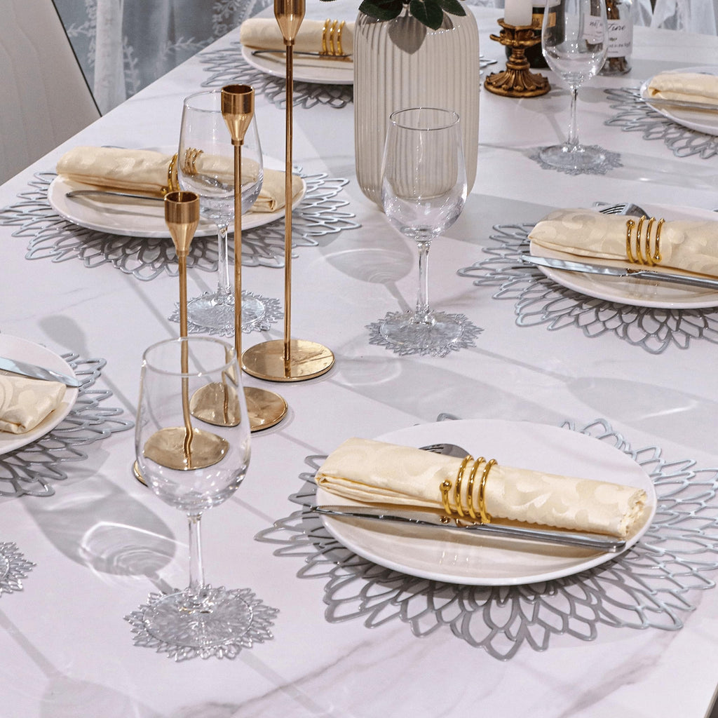 6 Pack Silver Placemats Metallic Glitter Pressed Vinyl Dinning Table Mats Decorative Round Leaf Charger for Winter