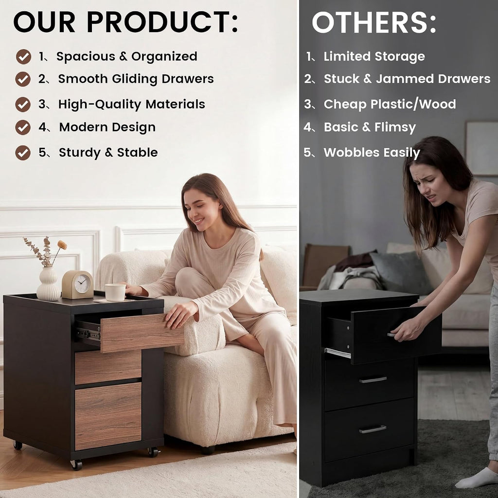 Mobile File Cabinet Under Desk with 3 Drawer, Office Storage Cabinet | Rolling Wood Printer Stand w/ Unique Side