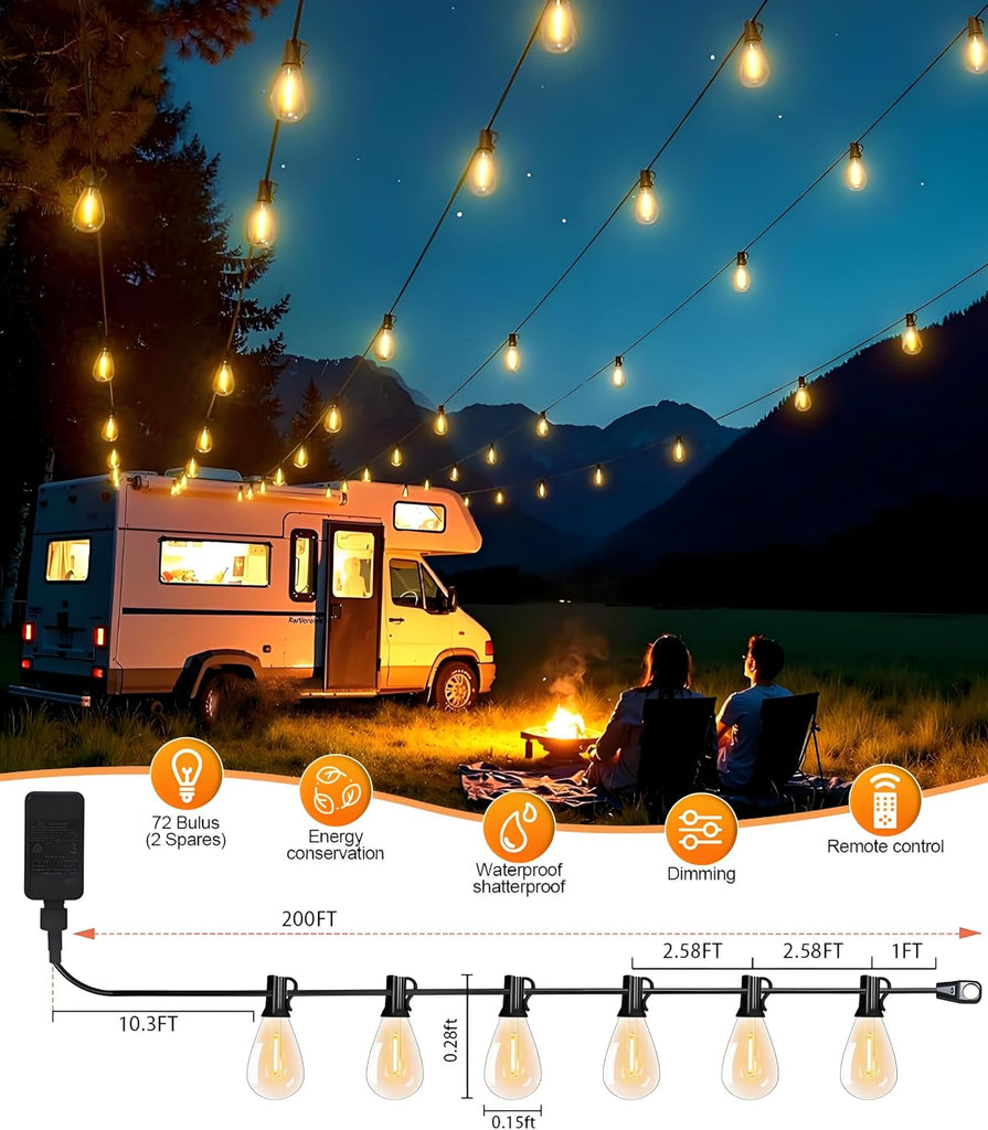 200FT LED Outdoor String Lights with Remote, 74+2 Shatterproof Bulbs Dimmable Timing 3 Light Modes Outside Patio