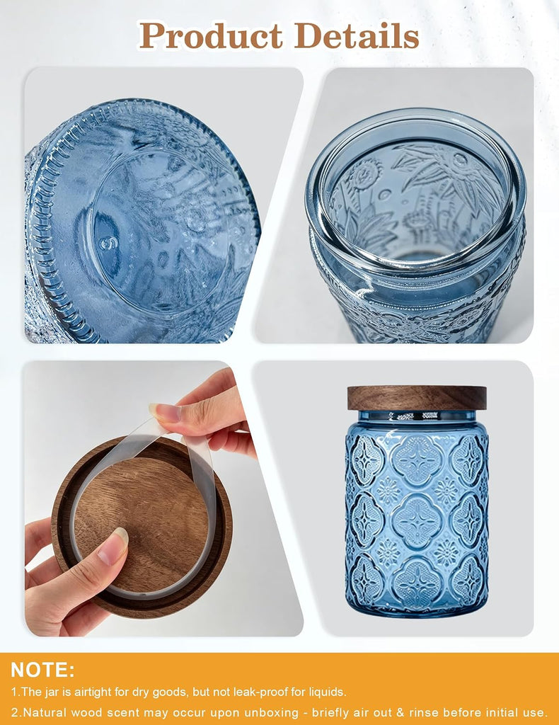 Glass Jar with Airtight Wood Lid - 24 OZ Vintage Storage Canister Pantry Bathroom, Decorative Beautiful Container