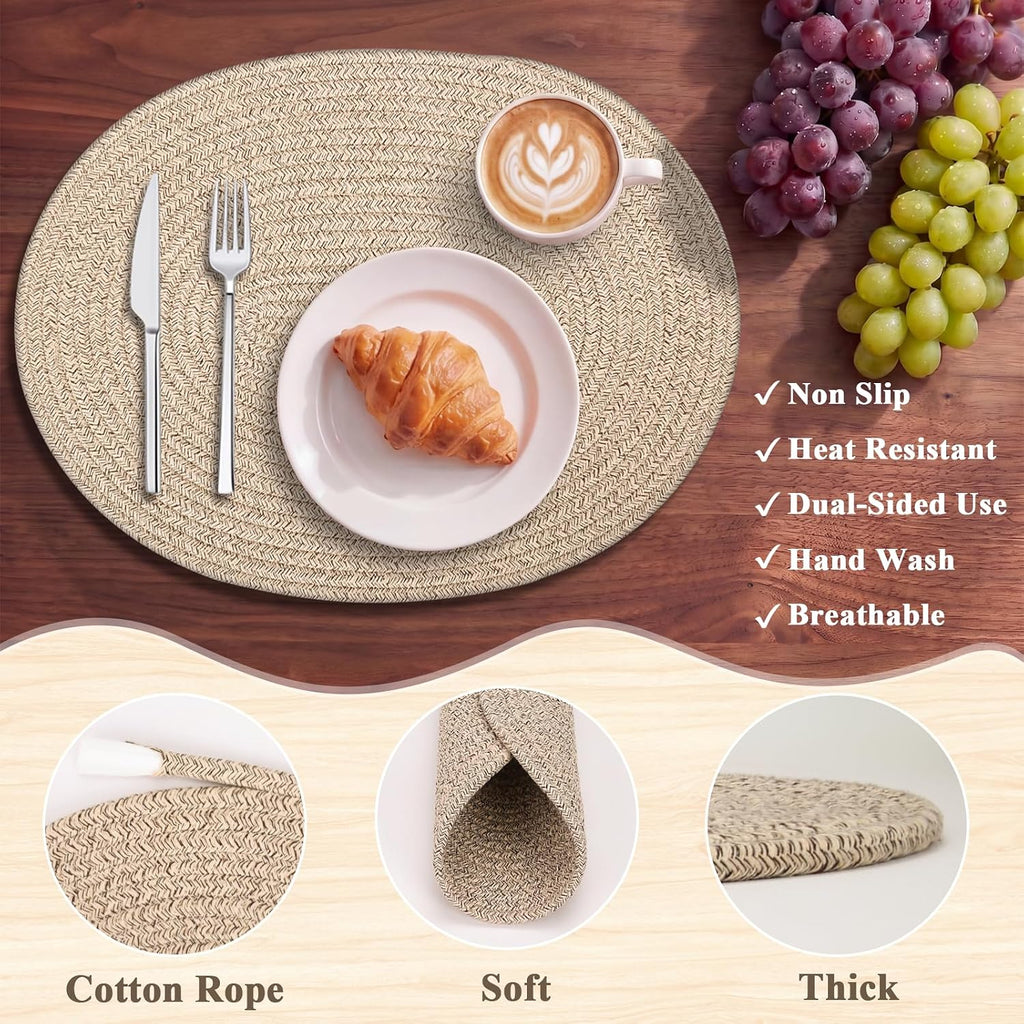Oval Woven Cotton Placemats, Thick Braided Rope Table Mats, 17 x 13 Inches Large Non Slip Heat Resistant - Set of 6