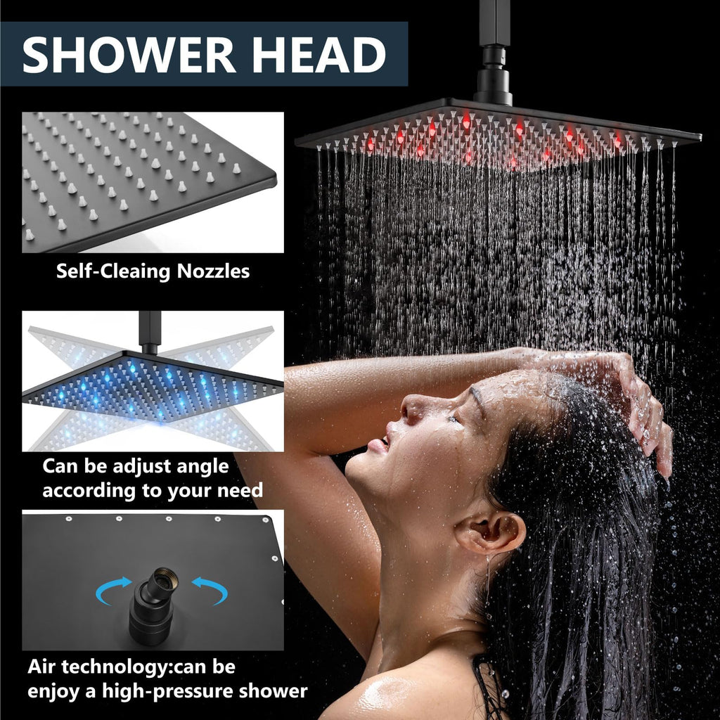 Ceiling Shower Faucet Set with Handheld 12" LED Head Matte Black