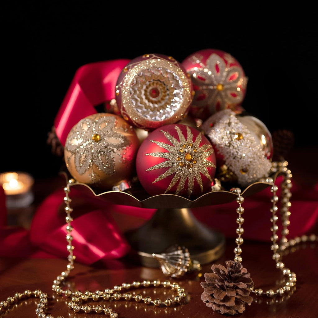 Glass Christmas Ornaments Set, 10ct Red and Gold Mercury Blown Glass Christmas Tree Ball,Christmas Nativity Figurines