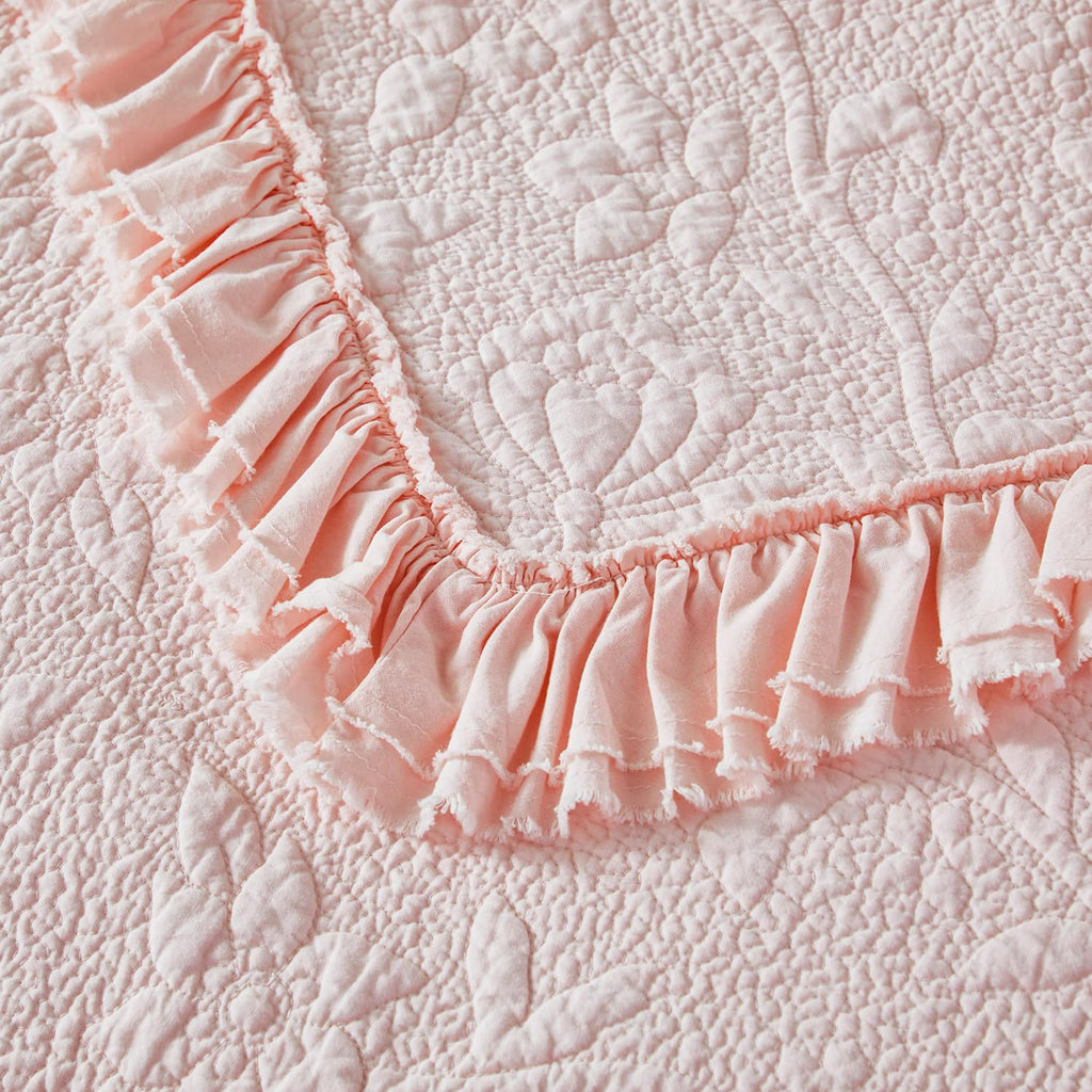 Pink Cotton Quilt Set Ruffled Matelasse Coverlet 3PC
