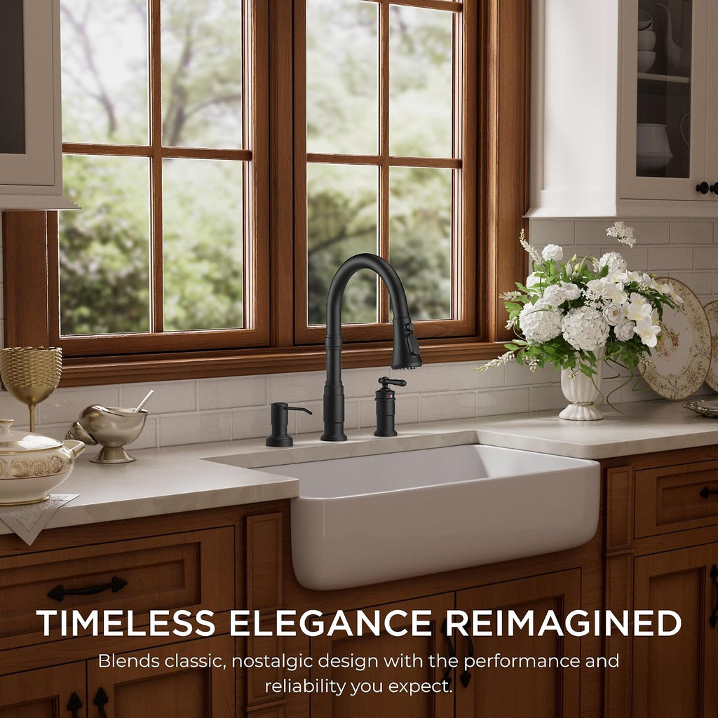 3 Hole Kitchen Faucet with Soap Dispenser, Matte Black | Stainless Steel Single Handle Rusitc Kitchen Sink Faucet