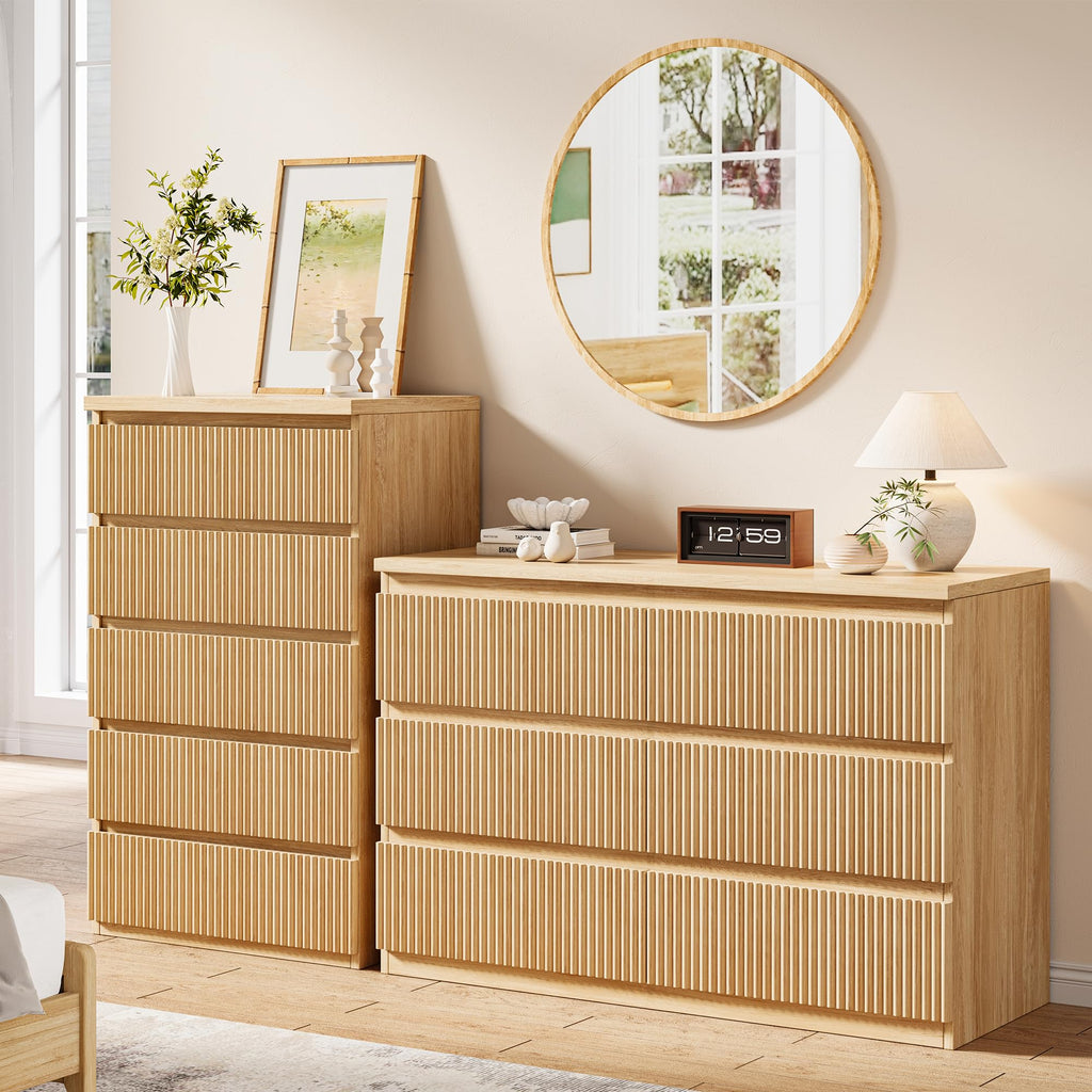 Fluted 5 Drawer Dresser, 43" Tall Dresser, Modern Fluted Chest of Drawers, Handle-Free/Floor-Mounted Wood Drawer