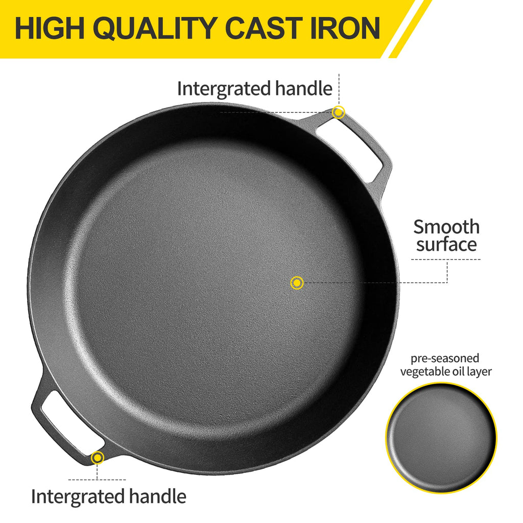Pre-Seasoned Large Cast Iron Skillet 17 Inch, Dual Handle Outdoor Camping Frying Pan, Pizza Pan, Use for Grill