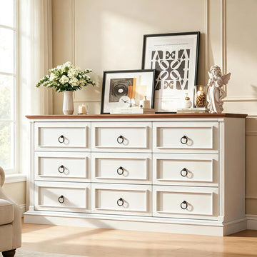 Farmhouse Dresser with 9 Drawers, 60" White Storage Chest of Drawers with with Roman Column, Wood Dresser