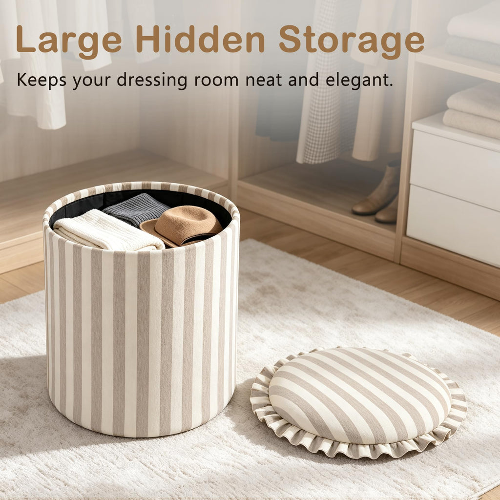 Round Striped Ottoman with Storage, Foot Rest Stool, Beige