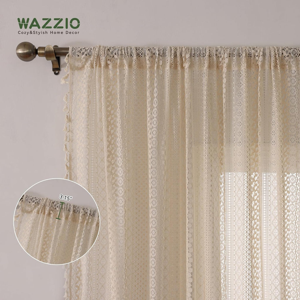 Boho Crochet Curtains for Living Room Lace Curtains 84 Inches Long 2 Panel, Rod Pocket Vintage Tassel Bohemian Decor