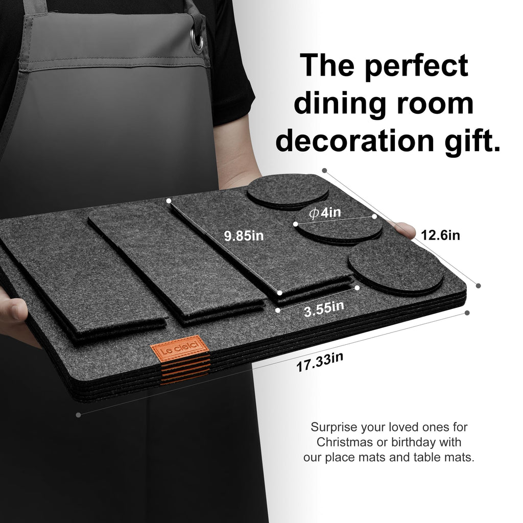 6 Placemats, 6 Coasters & 6 Cutlery Bags, Dark Gray Felt Table Mats