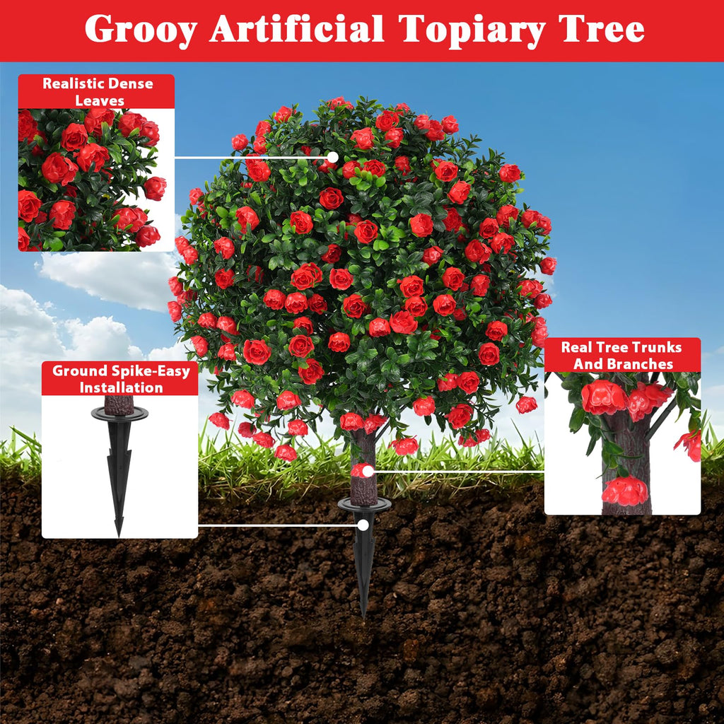 Set of 2 Artificial Boxwood Topiary Trees with Rose for Outdoor