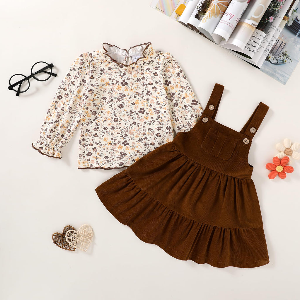 Toddler Girl Clothes Long Sleeve Fall Outfits Ruffle Ribbed Floral Tops Overall Dress Set with Pocket
