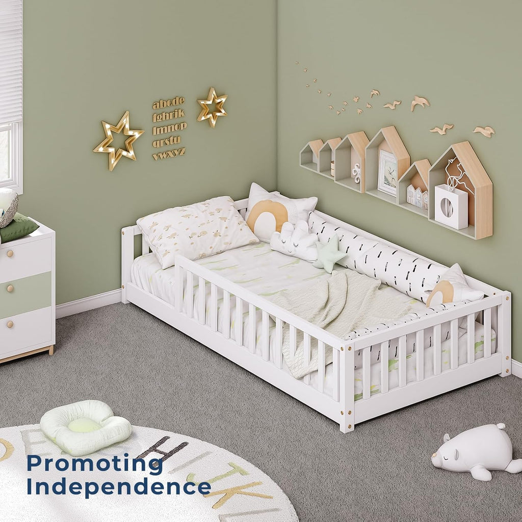 Twin Montessori Floor Bed with Rails | Solid Wood White Floor Bed Frame for Kids, Montessori Bed with Slats, No Box
