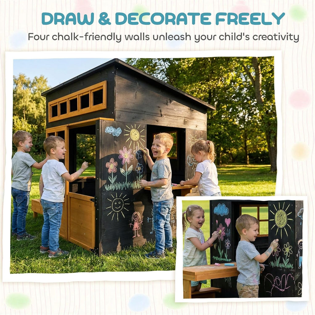 Playhouse - Solid Fir Wood, Chalkboard Panels, Attached Table & Benches, Spacious Interior, Ages 3-8, 76" L