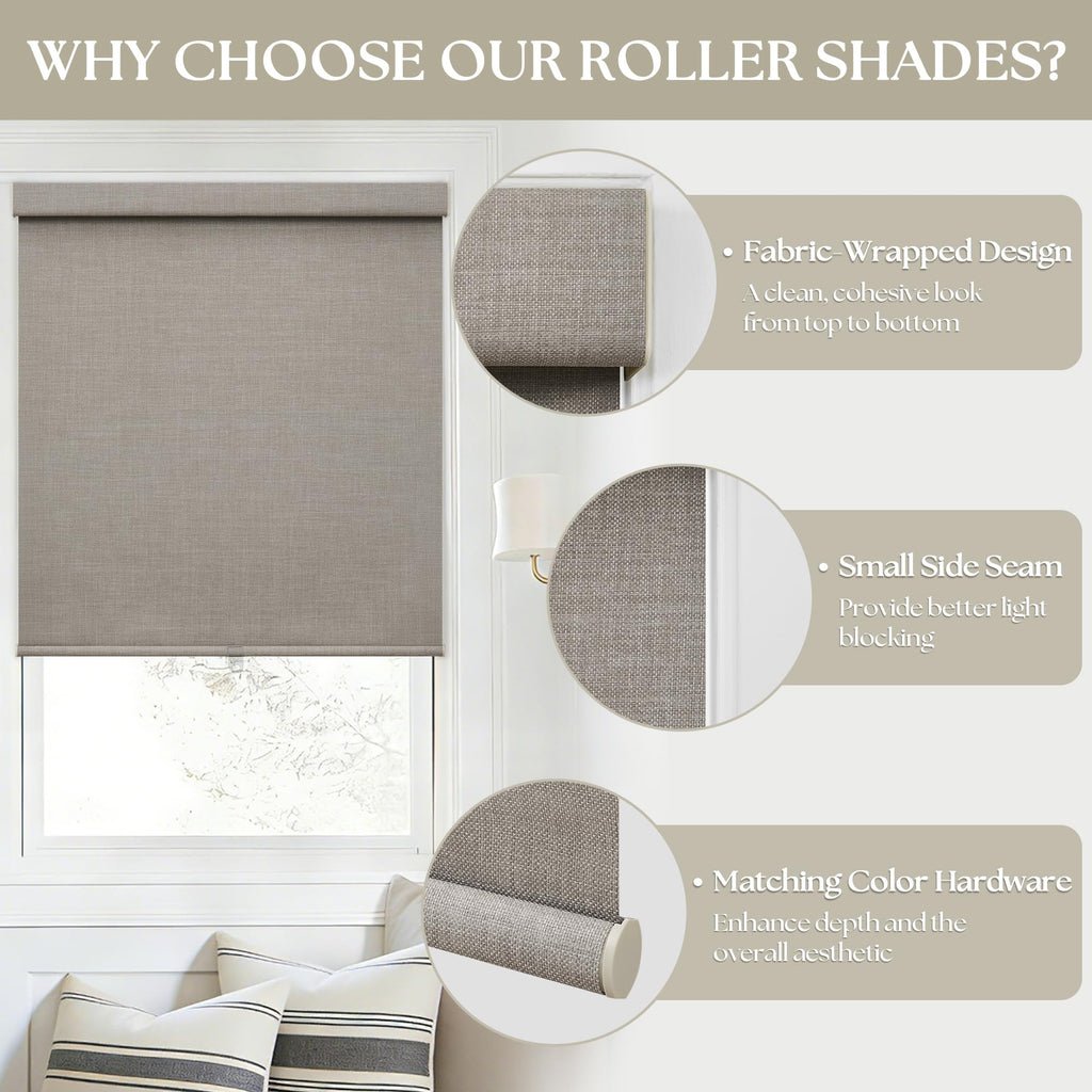 Blackout Roller Blinds for Indoor Windows Free-Stop Thermal Insulated 100% Blackout Linen Roller Shades Blinds Living