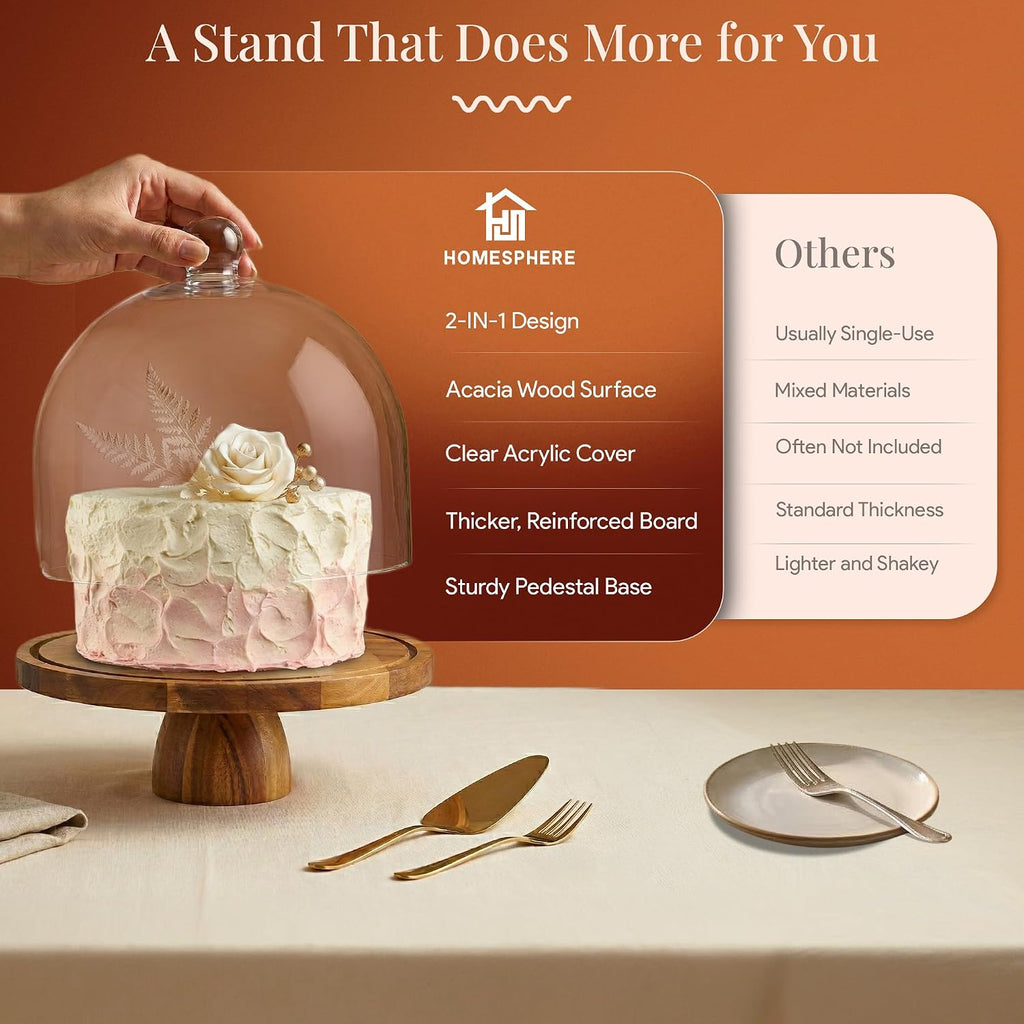 High Dome Acacia Wood Cake Stand with Lid - 12 in Round Cake Holder with Tall Acrylic Cloche Cover, 2in1 Dessert