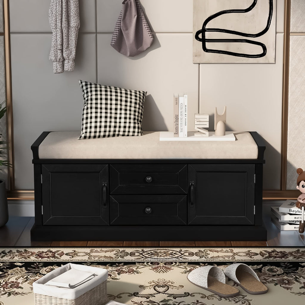Rustic Wood Storage Bench With 2 Cabinets and 2 Drawers, Removable Cushion - Assembly Required