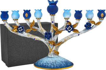 Zion Judaica Pomegranates Tree Hanukkah Multi Blue & Gold Accents Hanukkiah Zinc Alloy Branch Design Fits Standard