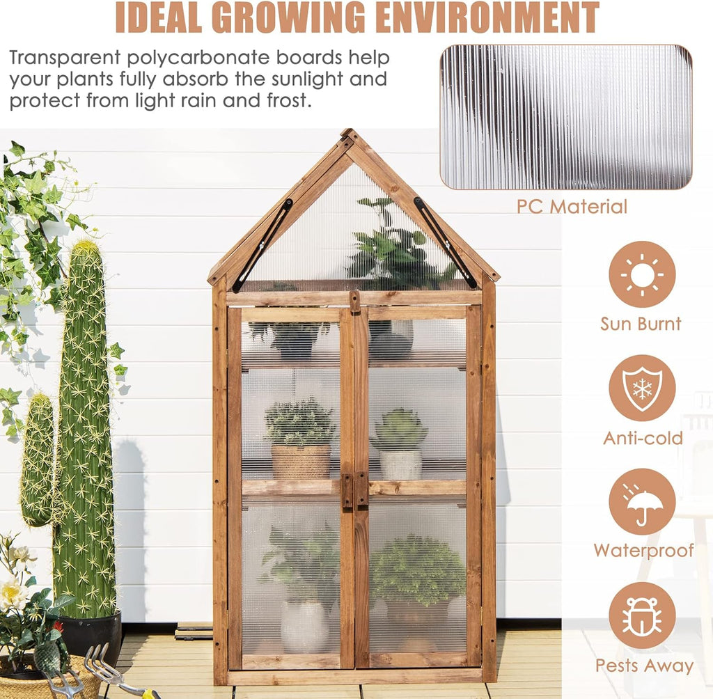 Wooden Cold Frame Greenhouse with 3 Removable Shelves for Outdoor | Portable Raised Flower Planter Shelf w/