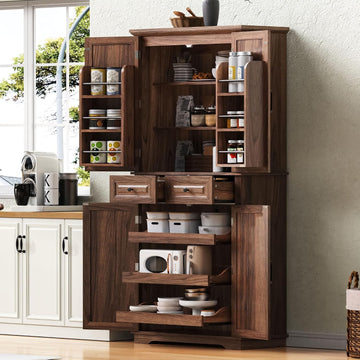 71" Tall Farmhouse Pantry Cabinet with Pull-Out Shelves, Brown | Farmhouse Pantry Cabinet, Pull-Out Organizers, Door