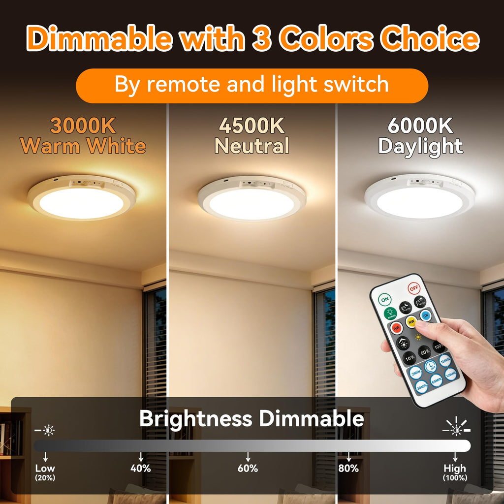 Rechargeable Ceiling Light, Battery Operated Motion Sensor Closet Light with Remote, 3 Color Temperatures