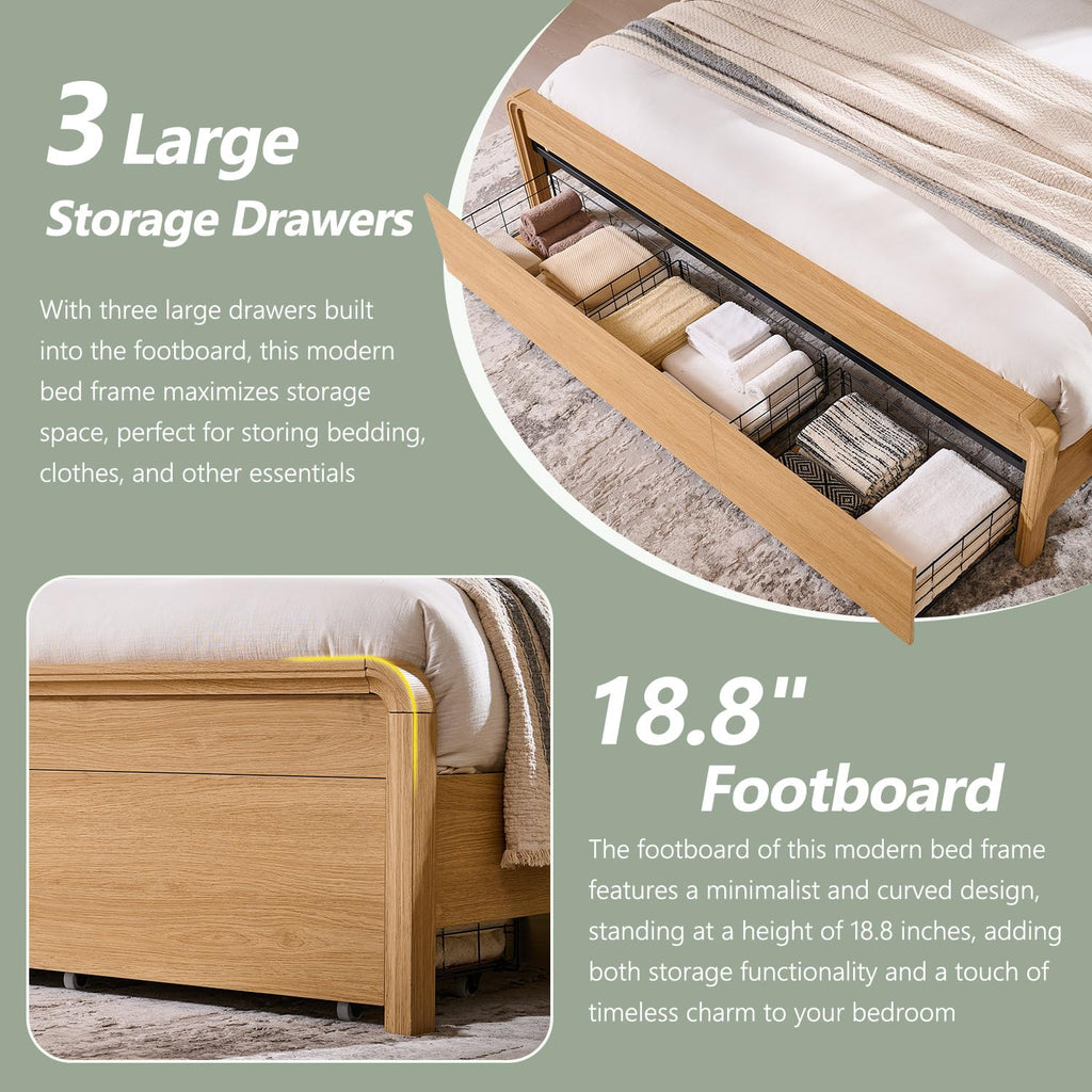 Modern King Size Bed Frame with 50" Tall Headboard, Natural Oak