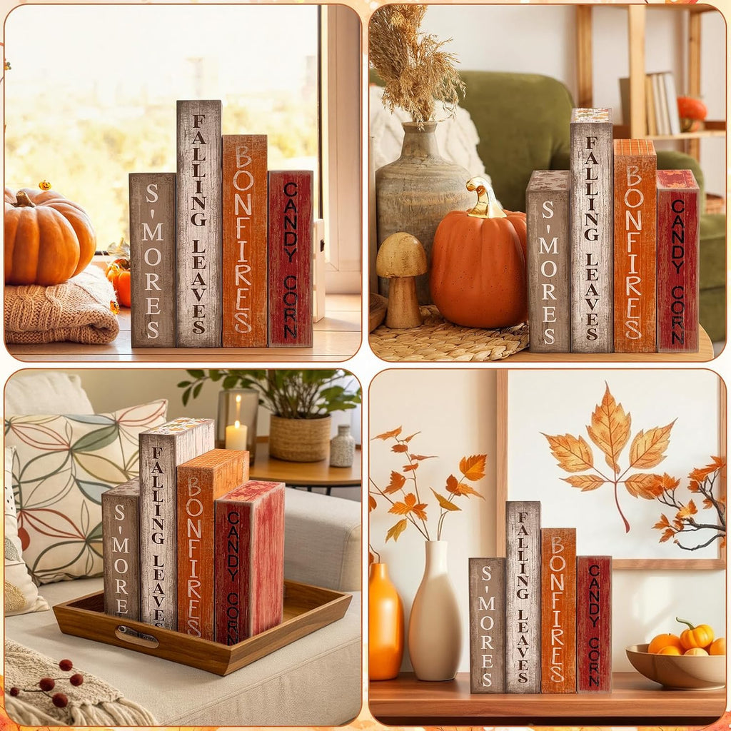 Fall Table Decoration Wooden Book Sign,Maple Leaves - Set of 4